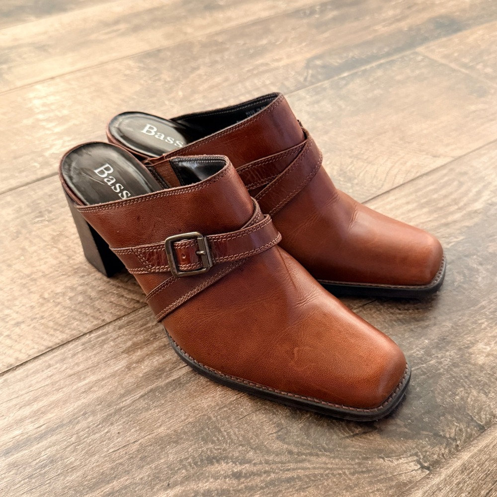 Bass Women Kristen Leather Square Toe Block Heel Mules, Brown, 9.5